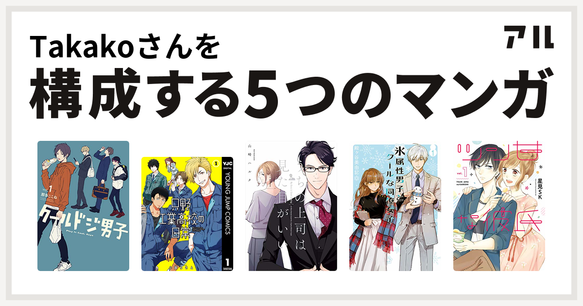 Takakoさんを構成するマンガはクールドジ男子 只野工業高校の日常 うちの上司は見た目がいい 氷属性男子とクールな同僚女子 ガンガンコミックスpixiv ツン甘な彼氏 私を構成する5つのマンガ アル