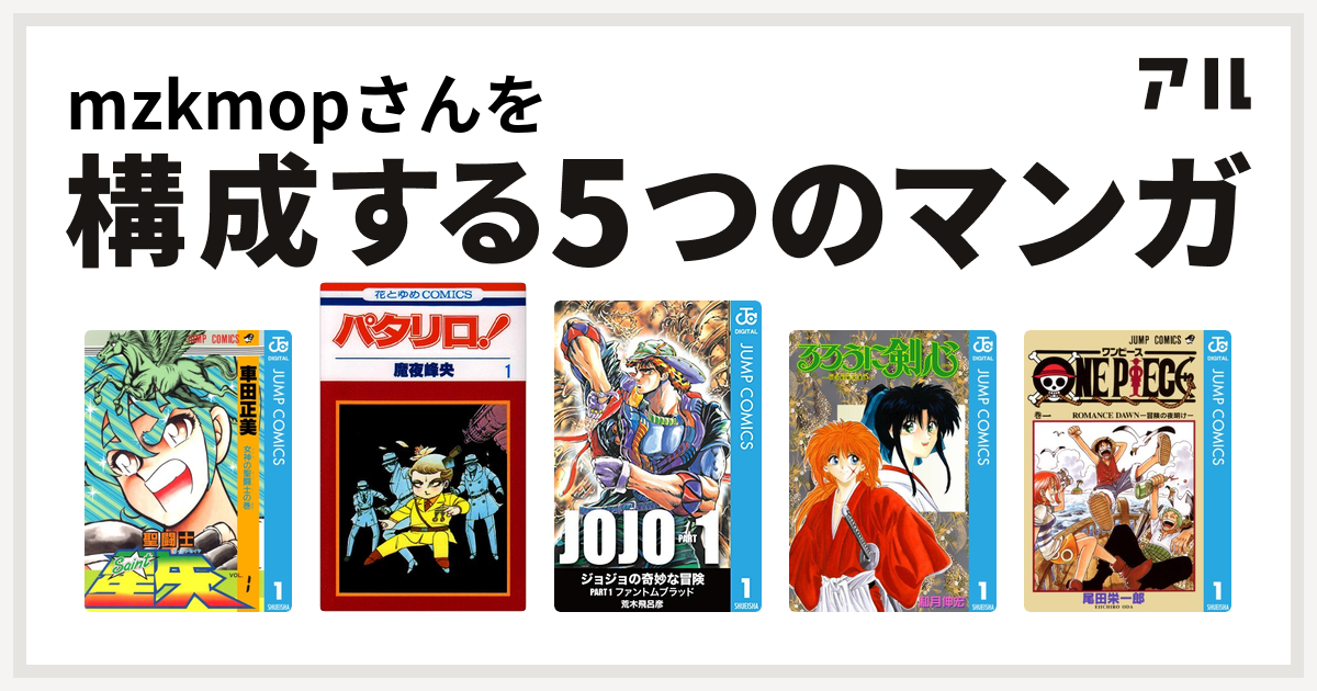 Mzkmopさんを構成するマンガは聖闘士星矢 パタリロ るろうに剣心 明治剣客浪漫譚 One Piece 私を構成する5つのマンガ アル