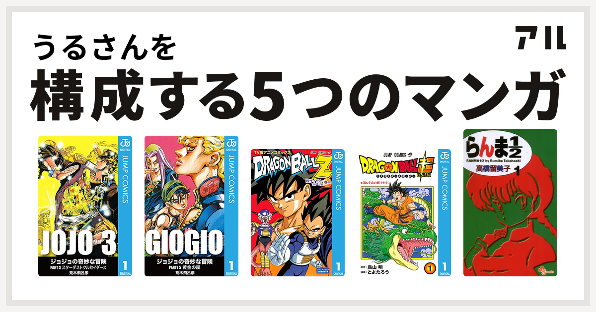 うるさんを構成するマンガはジョジョの奇妙な冒険 第3部 ジョジョの奇妙な冒険 第5部 ドラゴンボールz アニメコミックス 超サイヤ人 フリーザ編 ドラゴンボール超 らんま1 2 私を構成する5つのマンガ アル