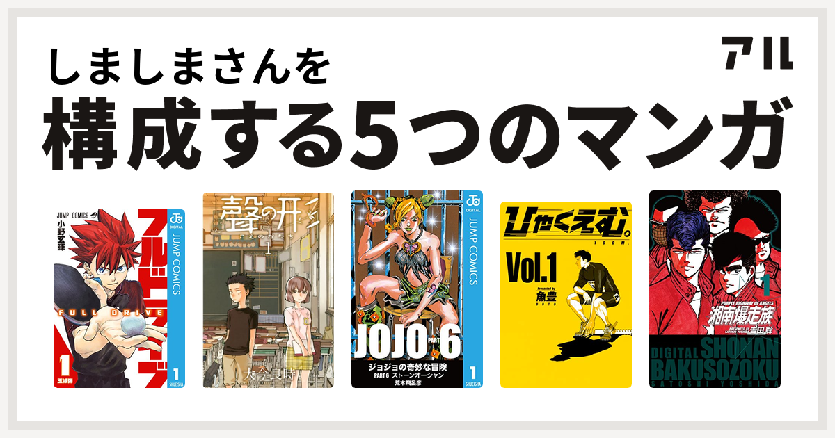 しましまさんを構成するマンガはフルドライブ 聲の形 ジョジョの奇妙な冒険 第6部 ひゃくえむ 湘南爆走族 私を構成する5つのマンガ アル