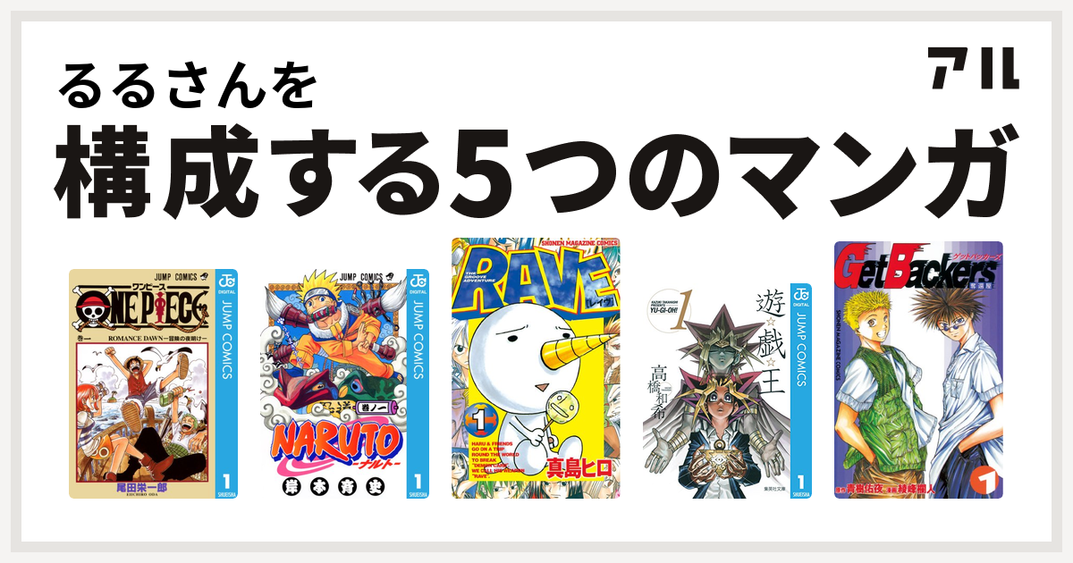 るるさんを構成するマンガはone Piece Naruto ナルト Rave 遊 戯 王 Getbackers 奪還屋 私を構成する5つのマンガ アル