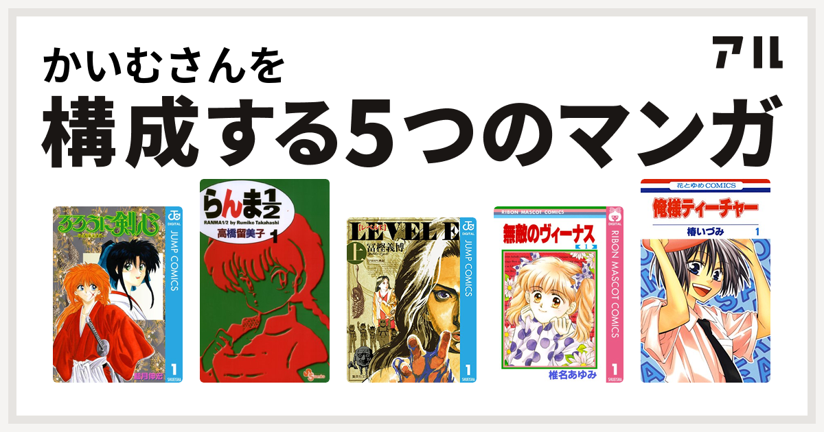 かいむさんを構成するマンガはるろうに剣心 明治剣客浪漫譚 らんま1 2 レベルe 無敵のヴィーナス 俺様ティーチャー 私を構成する5つのマンガ アル