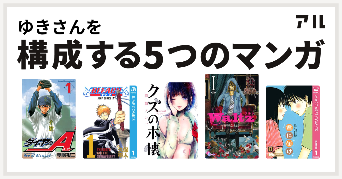 ゆきさんを構成するマンガはダイヤのA
BLEACH
クズの本懐
Waltz
君に届け！