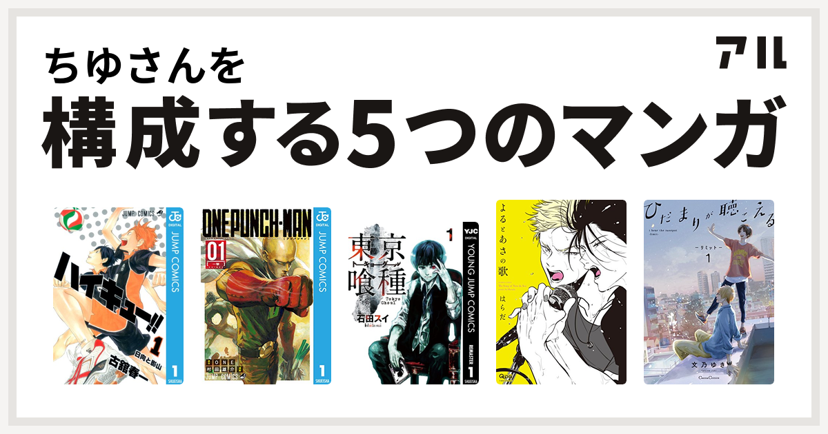 ちゆさんを構成するマンガはハイキュー ワンパンマン 東京喰種トーキョーグール よるとあさの歌 ひだまりが聴こえる 私を構成する5つのマンガ アル