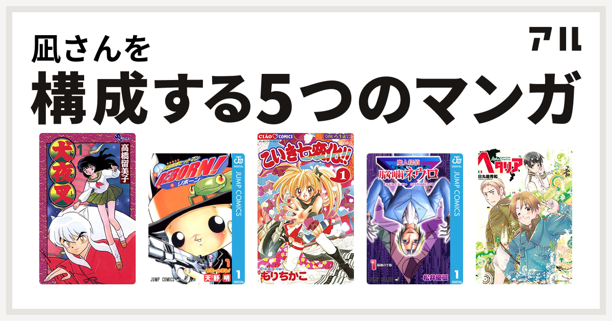 凪さんを構成するマンガは犬夜叉 家庭教師ヒットマンreborn こいき七変化 魔人探偵脳噛ネウロ ヘタリア Axis Powers 私を構成する5つのマンガ アル