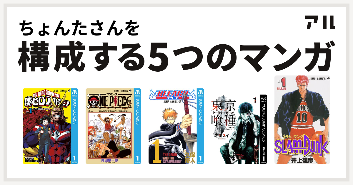 ちょんたさんを構成するマンガは僕のヒーローアカデミア One Piece Bleach 東京喰種トーキョーグール Slam Dunk スラムダンク 私を構成する5つのマンガ アル