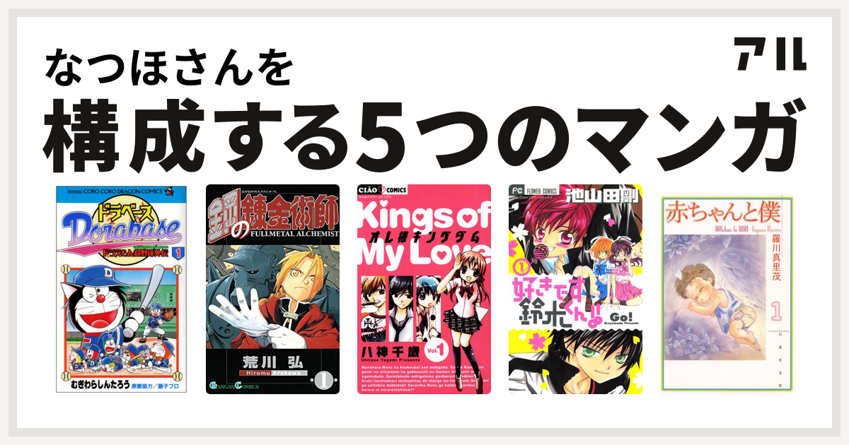 なつほさんを構成するマンガはドラベース ドラえもん超野球 スーパーベースボール 外伝 鋼の錬金術師 オレ様キングダム 好きです鈴木くん 赤ちゃんと僕 私を構成する5つのマンガ アル