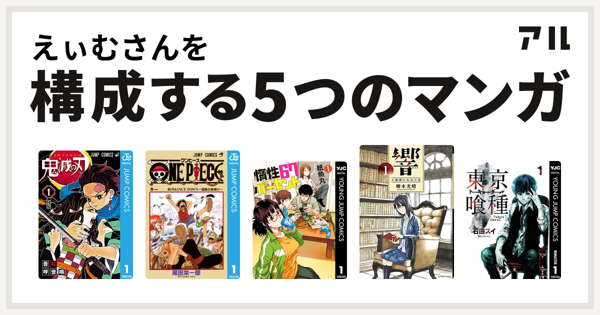 えぃむさんを構成するマンガは鬼滅の刃 One Piece 惰性67パーセント 響 小説家になる方法 東京喰種トーキョーグール 私を構成する5つのマンガ アル