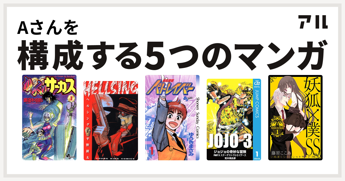 Aさんを構成するマンガはからくりサーカス Hellsing 機動警察パトレイバー ジョジョの奇妙な冒険 第3部 妖狐 僕ss 私を構成する5つのマンガ アル