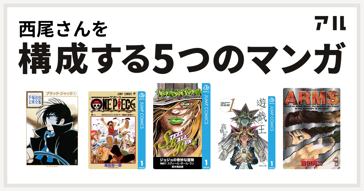 西尾さんを構成するマンガはブラック ジャック One Piece ジョジョの奇妙な冒険 第7部 遊 戯 王 Arms 私を構成する5つのマンガ アル