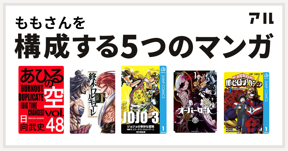 ももさんを構成するマンガはあひるの空 The Day 終末のワルキューレ ジョジョの奇妙な冒険 第3部 オーバーロード 僕のヒーローアカデミア 私を構成する5つのマンガ アル