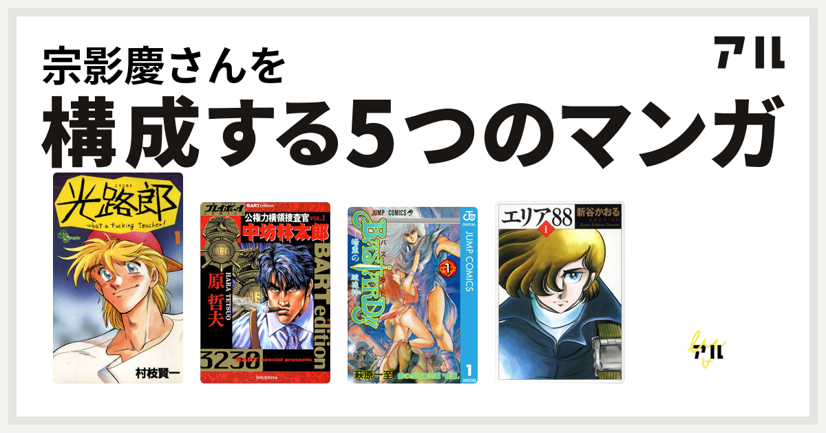 宗影慶さんを構成するマンガは光路郎 こうじろう 公権力横領捜査官 中坊林太郎 Bastard 暗黒の破壊神 エリア ワイルドリーガー 私を構成する5つのマンガ アル