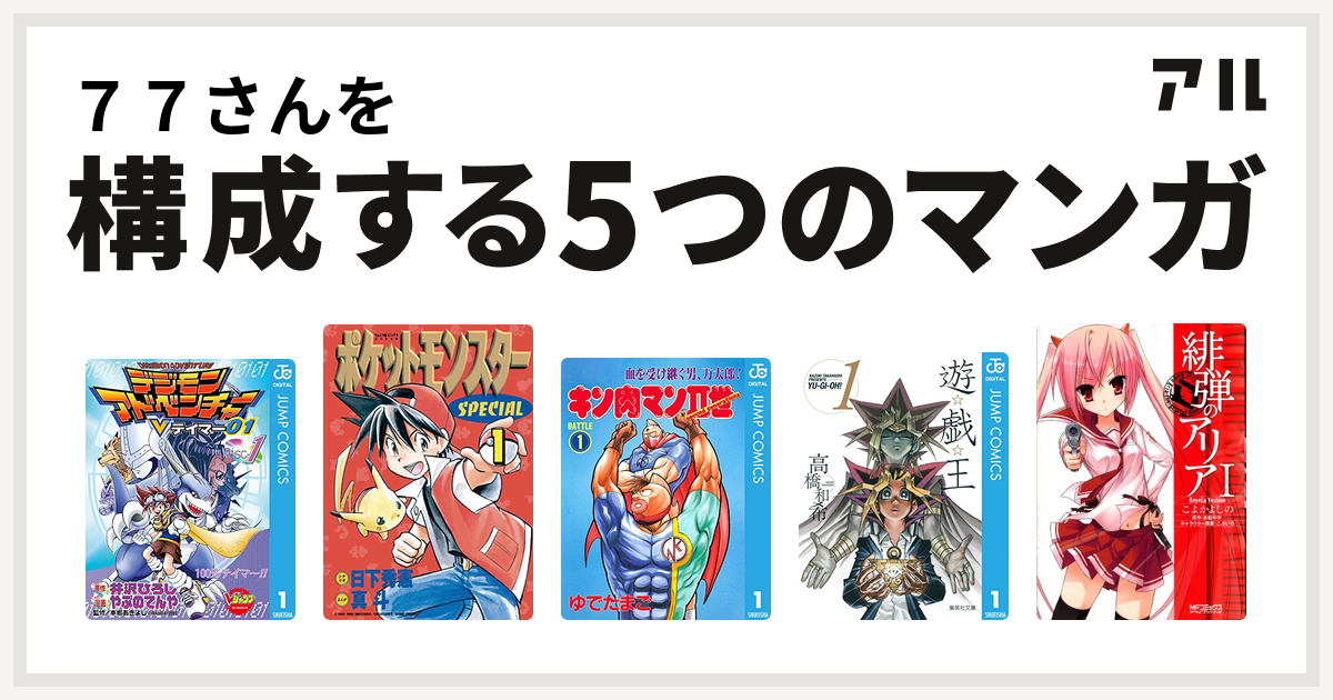 ７７さんを構成するマンガはデジモンアドベンチャーvテイマー01 ポケットモンスタースペシャル キン肉マンii世 遊 戯 王 緋弾のアリア 私を構成する5つのマンガ アル