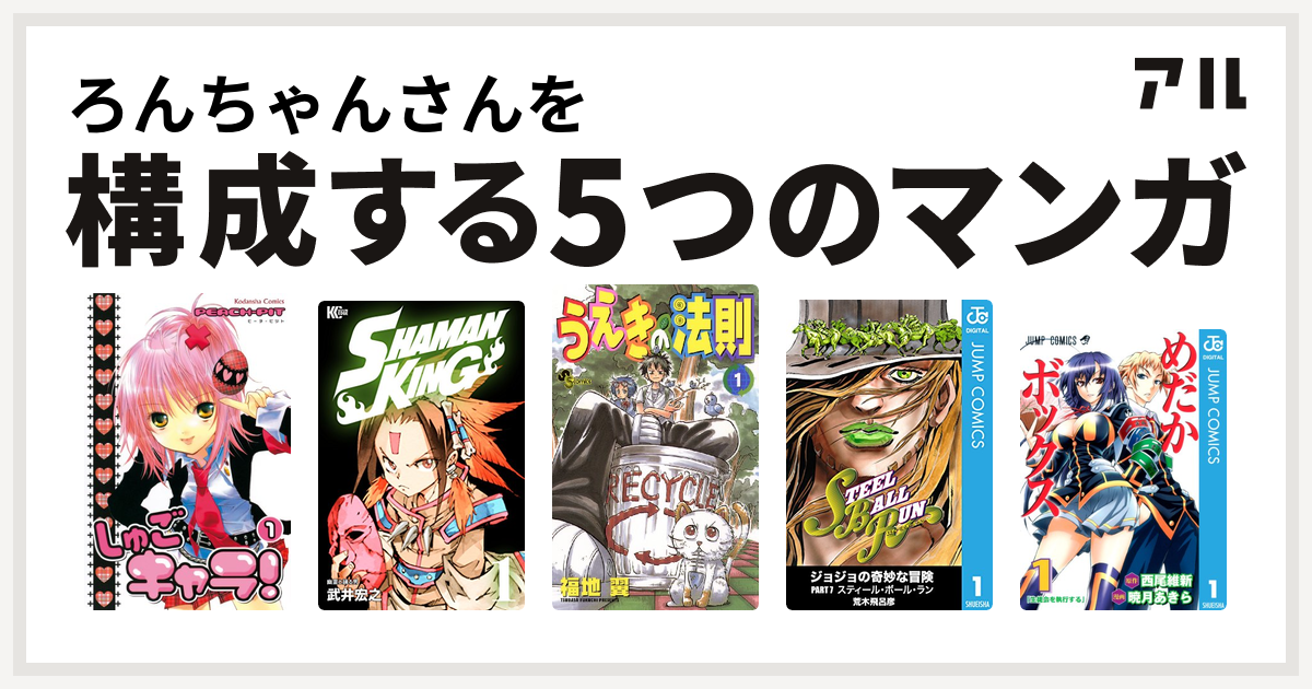 ろんちゃんさんを構成するマンガはしゅごキャラ Shaman King シャーマンキング うえきの法則 ジョジョの奇妙な冒険 第7部 めだかボックス 私を構成する5つのマンガ アル