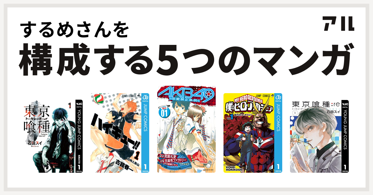 するめさんを構成するマンガは東京喰種トーキョーグール ハイキュー Akb49 恋愛禁止条例 僕のヒーローアカデミア 東京喰種トーキョーグール Re 私を構成する5つのマンガ アル