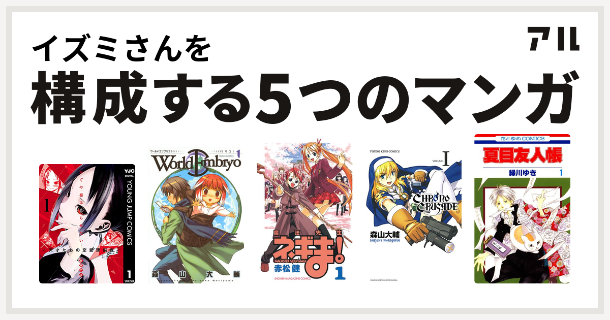 イズミさんを構成するマンガはかぐや様は告らせたい 天才たちの恋愛頭脳戦 ワールドエンブリオ 魔法先生ネギま クロノクルセイド 新装版 夏目友人帳 私を構成する5つのマンガ アル