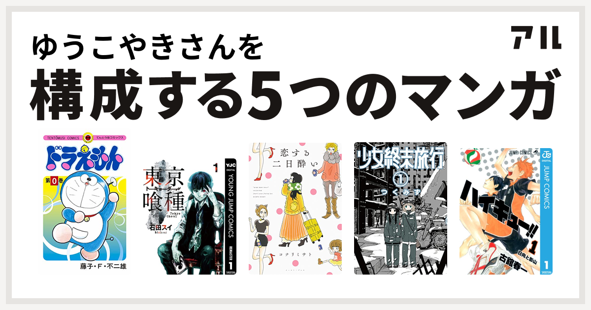 ゆうこやきさんを構成するマンガはドラえもん 東京喰種トーキョーグール 恋する二日酔い 少女終末旅行 ハイキュー 私を構成する5つのマンガ アル