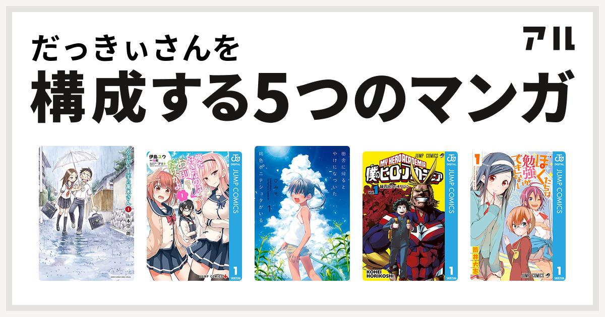だっきぃさんを構成するマンガはからかい上手の高木さん 俺を好きなのはお前だけかよ 田舎に帰るとやけになついた褐色ポニテショタがいる 僕のヒーローアカデミア ぼくたちは勉強ができない 私を構成する5つのマンガ アル
