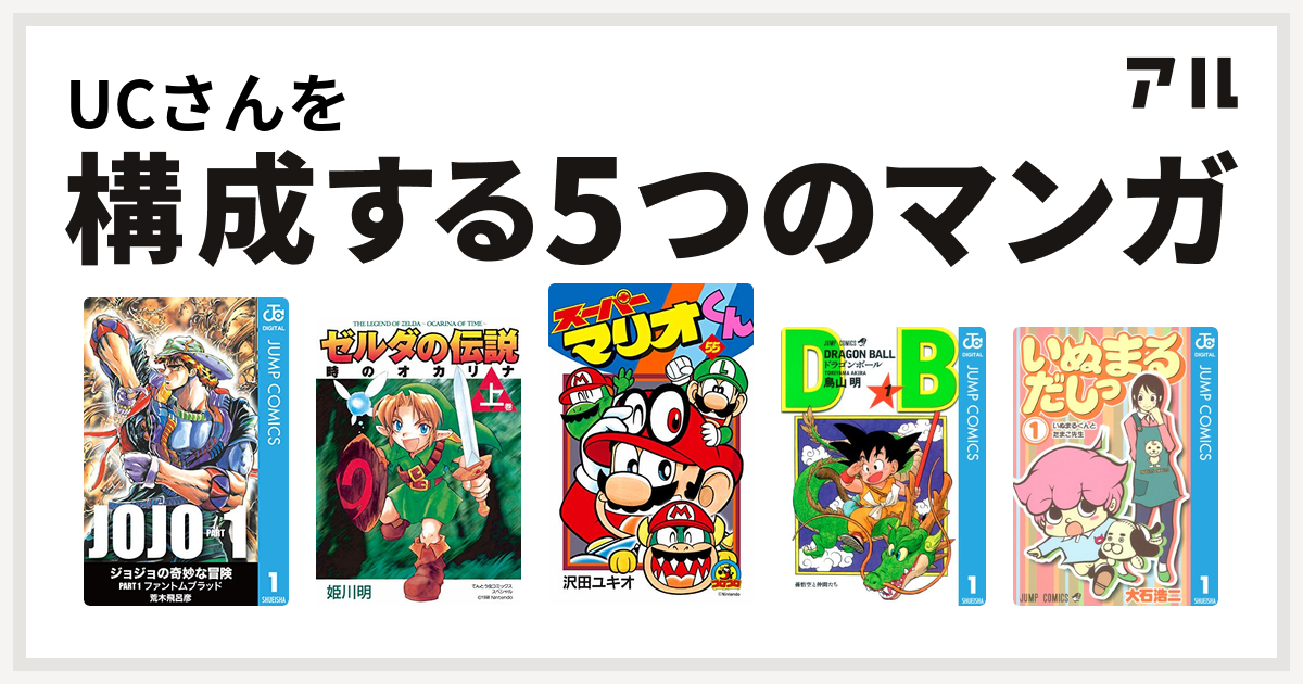 Ucさんを構成するマンガはジョジョの奇妙な冒険 ゼルダの伝説 時のオカリナ スーパーマリオくん ドラゴンボール いぬまるだしっ 私を構成する5つのマンガ アル