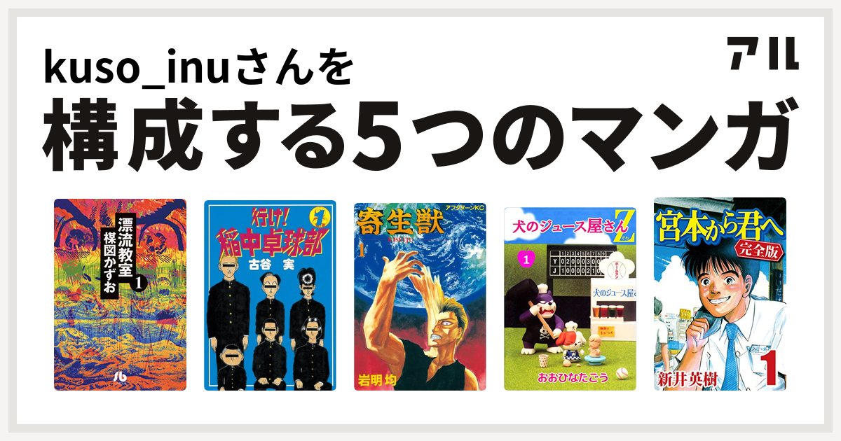 Kuso Inuさんを構成するマンガは漂流教室 行け 稲中卓球部 寄生獣 犬のジュース屋さんｚ 宮本から君へ 私を構成する5つのマンガ アル