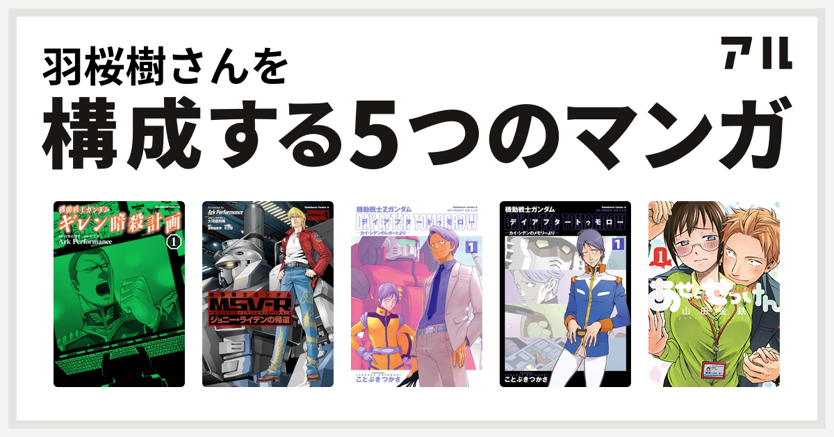 羽桜樹さんを構成するマンガは機動戦士ガンダム ギレン暗殺計画 機動戦士ガンダム Msv R ジョニー ライデンの帰還 機動戦士zガンダム デイアフタートゥモロー カイ シデンのレポートより 機動戦士ガンダム デイアフタートゥモロー カイ シデンのメモリーより