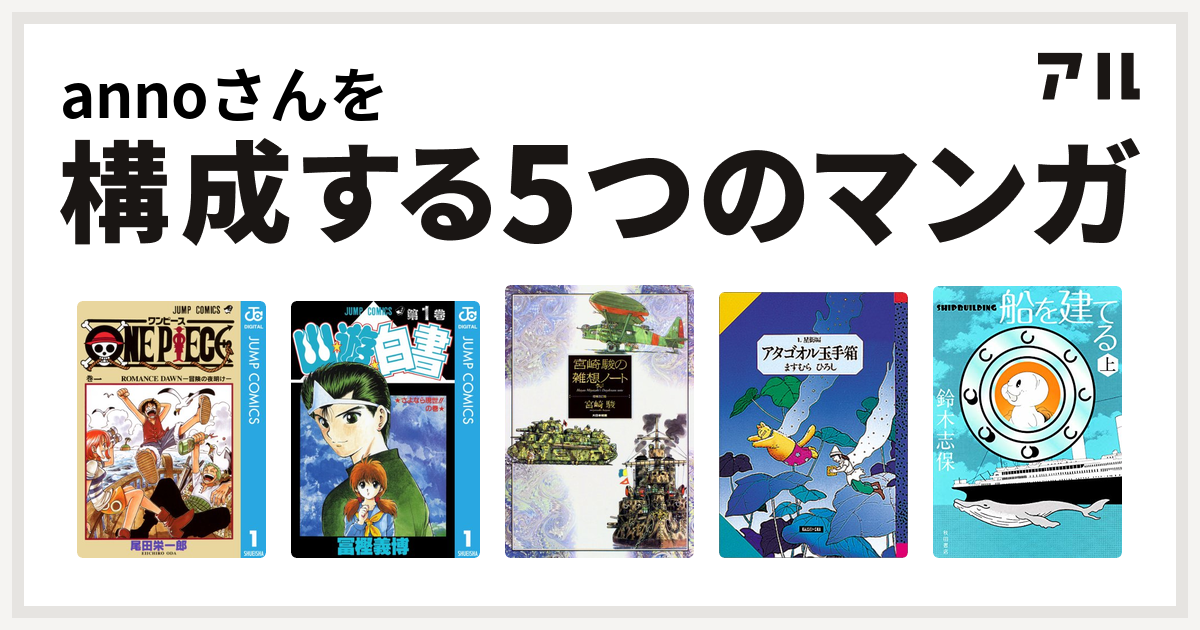 Annoさんを構成するマンガはone Piece 幽遊白書 宮崎駿の雑想ノート アタゴオル玉手箱 船を建てる 私を構成する5つのマンガ アル