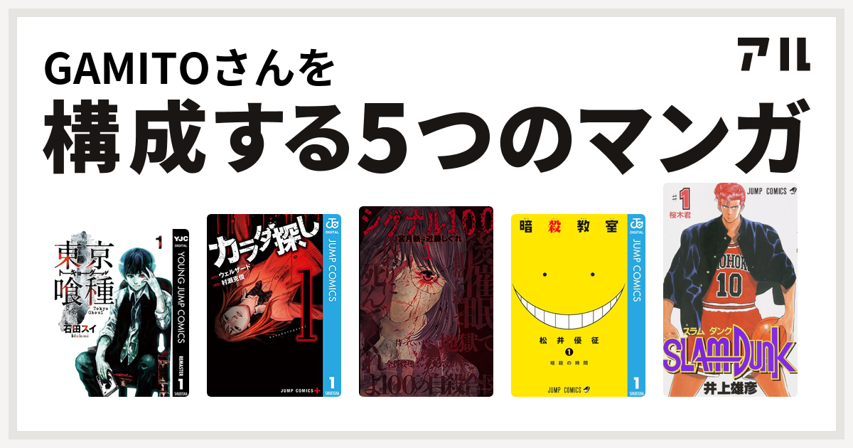 Gamitoさんを構成するマンガは東京喰種トーキョーグール カラダ探し シグナル100 暗殺教室 Slam Dunk スラムダンク 私を構成する5つのマンガ アル