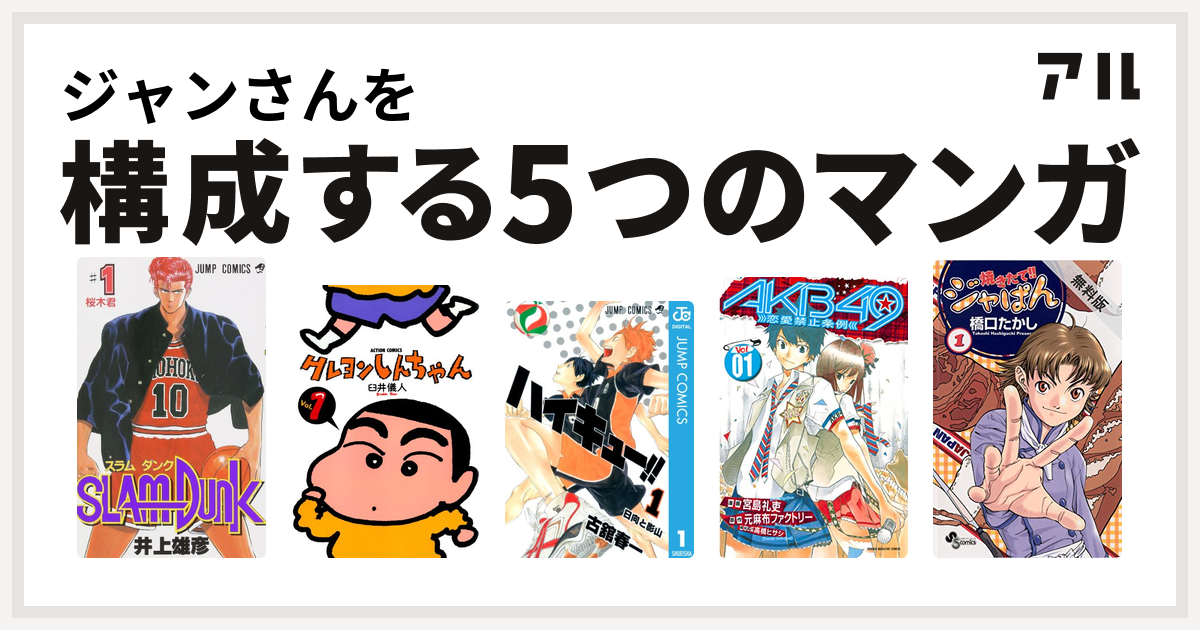 ジャンさんを構成するマンガはslam Dunk スラムダンク クレヨンしんちゃん ハイキュー Akb49 恋愛禁止条例 焼きたて ジャぱん 私を構成する5つのマンガ アル