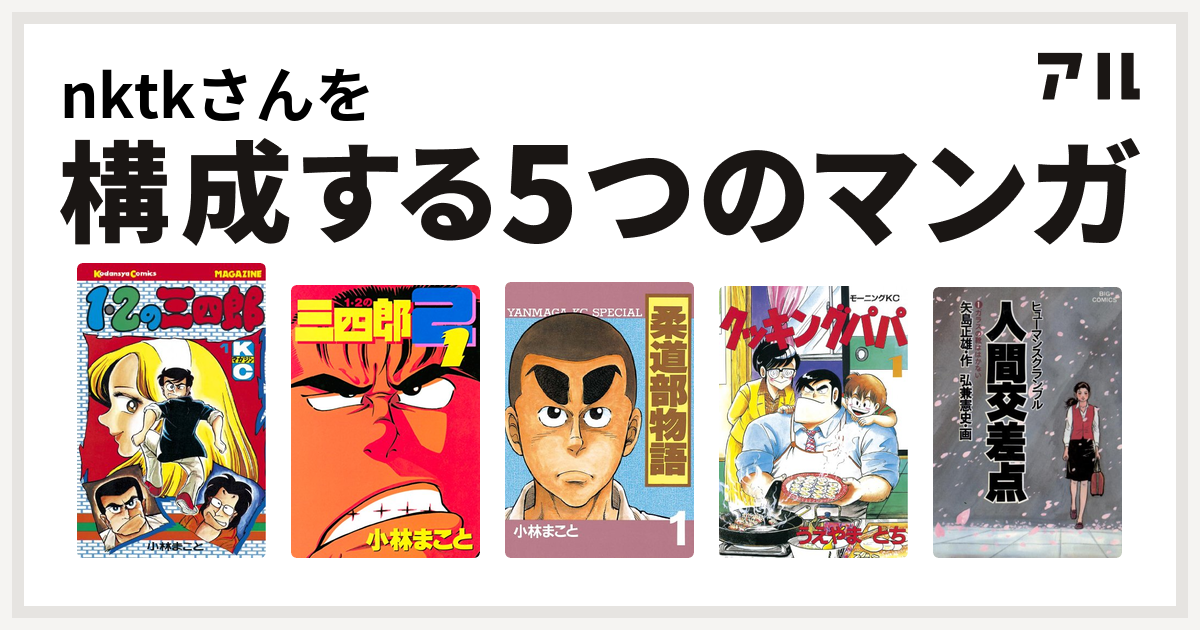 Nktkさんを構成するマンガは1 2の三四郎 1 2の三四郎2 柔道部物語 クッキングパパ 人間交差点 私を構成する5つのマンガ アル