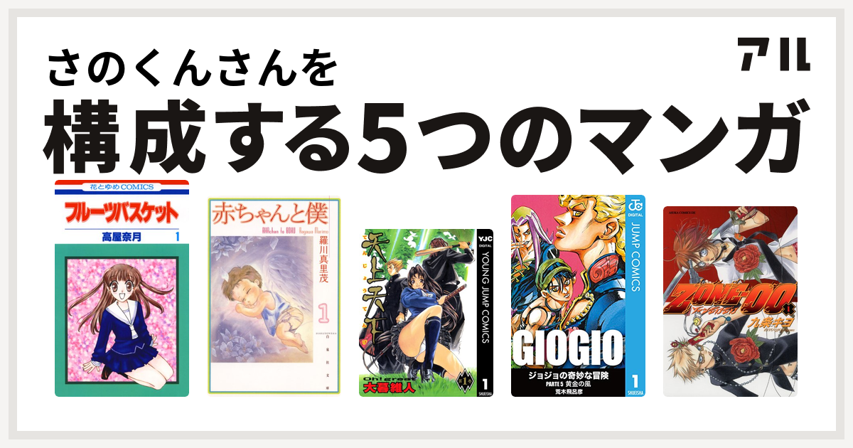 さのくんさんを構成するマンガはフルーツバスケット 赤ちゃんと僕 天上天下 ジョジョの奇妙な冒険 第5部 Zone 00 私を構成する5つのマンガ アル