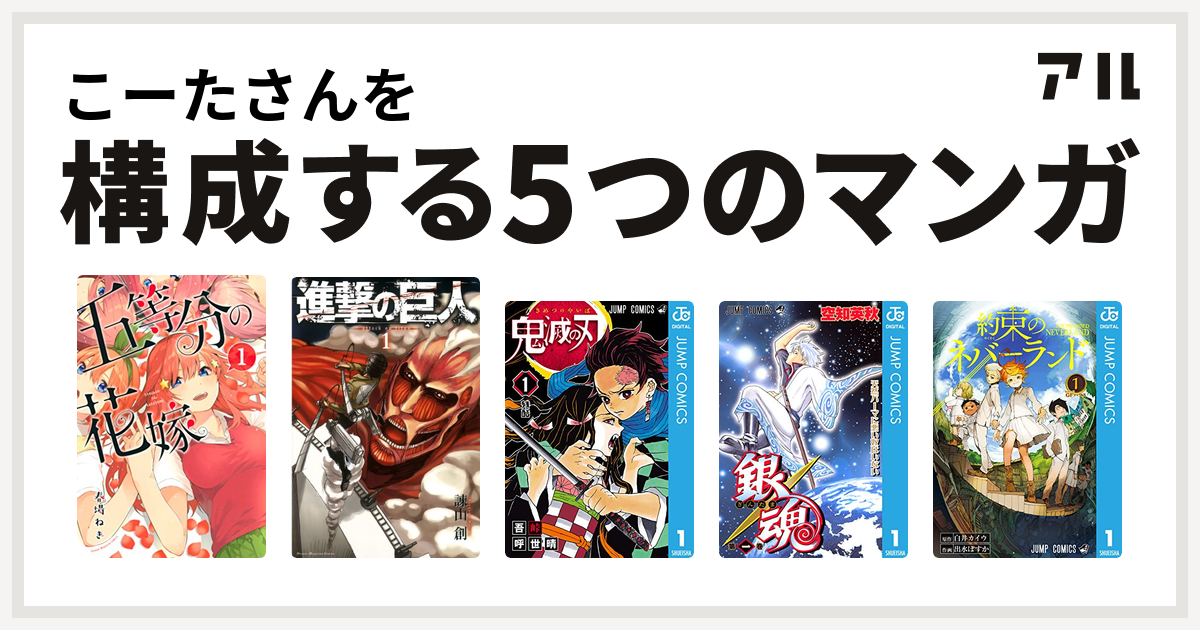 こーたさんを構成するマンガは五等分の花嫁 進撃の巨人 鬼滅の刃 銀魂