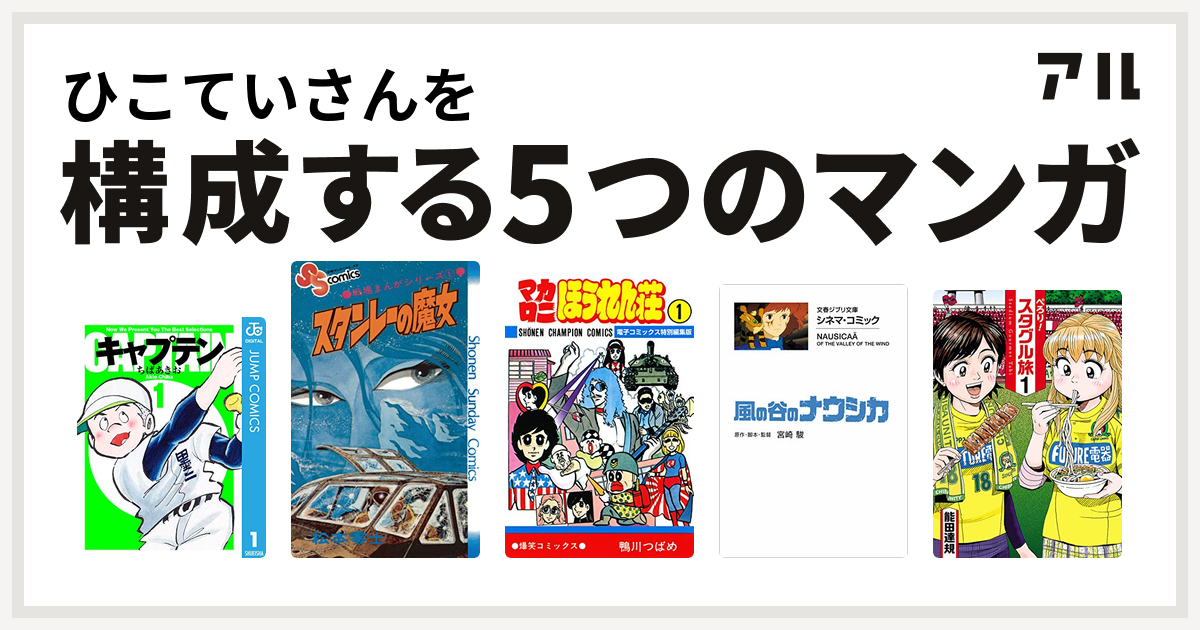 ひこていさんを構成するマンガはキャプテン 戦場まんがシリーズ マカロニほうれん荘 風の谷のナウシカ ぺろり スタグル旅 私を構成する5つのマンガ アル