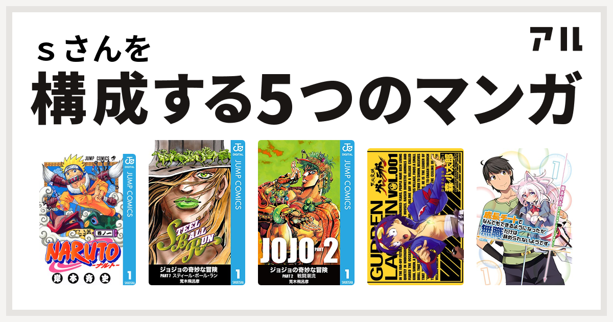 ｓさんを構成するマンガはnaruto ナルト ジョジョの奇妙な冒険 第7部 ジョジョの奇妙な冒険 第2部 天元突破グレンラガン 成長チートで なんでもできるようになったが 無職だけは辞められないようです 私を構成する5つのマンガ アル