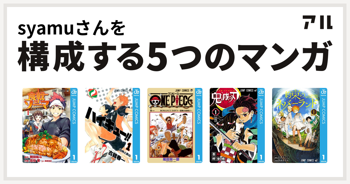 Syamuさんを構成するマンガは食戟のソーマ ハイキュー One Piece 鬼滅の刃 約束のネバーランド 私を構成する5つのマンガ アル