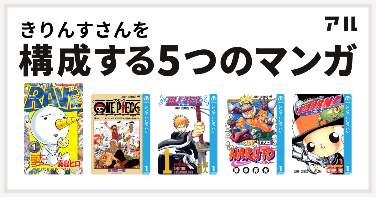 きりんすさんを構成するマンガはrave One Piece Bleach Naruto ナルト 家庭教師ヒットマンreborn 私を構成する5つのマンガ アル