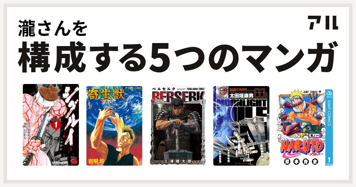 瀧さんを構成するマンガはシグルイ 寄生獣 ベルセルク Moonlight Mile Naruto ナルト 私を構成する5つのマンガ アル