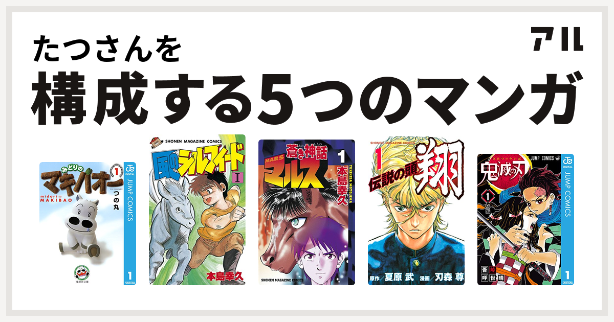 たつさんを構成するマンガはみどりのマキバオー 風のシルフィード 蒼き神話マルス 伝説の頭 翔 鬼滅の刃 私を構成する5つのマンガ アル