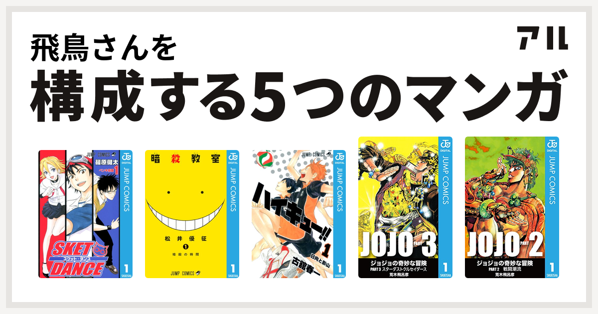 飛鳥さんを構成するマンガはsket Dance 暗殺教室 ハイキュー ジョジョの奇妙な冒険 第3部 ジョジョの奇妙な冒険 第2部 私を構成する5つのマンガ アル