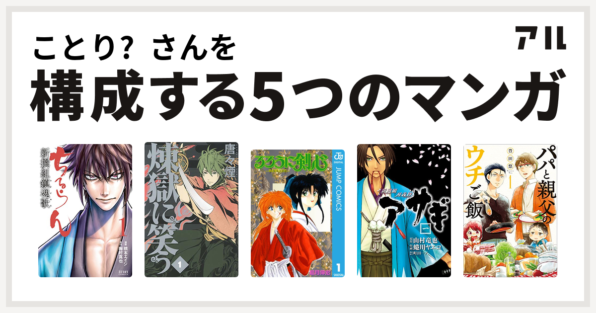 ことり𓅪さんを構成するマンガはちるらん新撰組鎮魂歌 煉獄に笑う るろうに剣心 明治剣客浪漫譚 新選組刃義抄アサギ パパと親父のウチご飯 私を構成する5つのマンガ アル