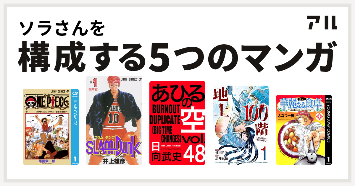 ソラさんを構成するマンガはone Piece Slam Dunk スラムダンク あひるの空 The Day 地上100階 脱出確率0 0001 華麗なる食卓 私を構成する5つのマンガ アル