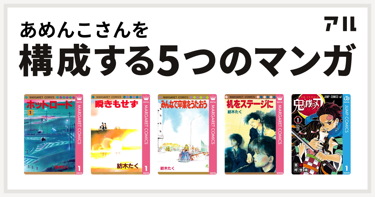 あめんこさんを構成するマンガはホットロード 瞬きもせず みんなで卒業をうたおう 机をステージに 鬼滅の刃 私を構成する5つのマンガ アル