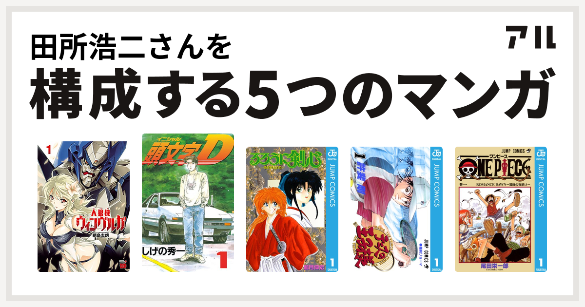 田所浩二さんを構成するマンガは人狼機ウィンヴルガ 頭文字d るろうに剣心 明治剣客浪漫譚 テニスの王子様 One Piece 私を構成する5つのマンガ アル
