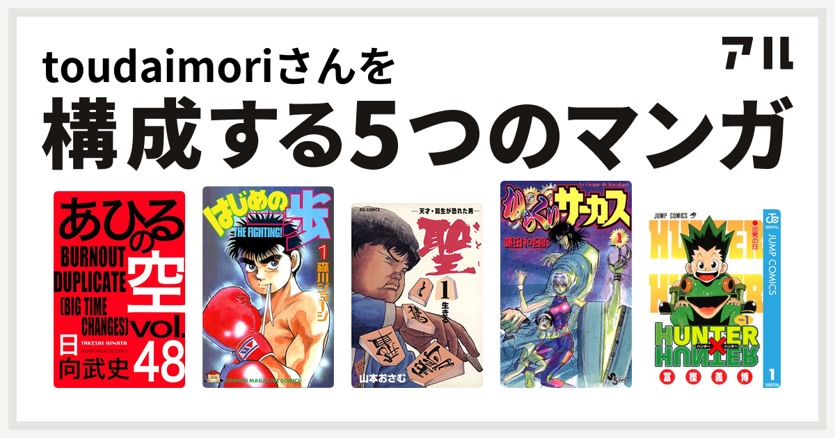 Toudaimoriさんを構成するマンガはあひるの空 The Day はじめの一歩 聖 さとし 天才 羽生が恐れた男 からくりサーカス Hunter Hunter 私を構成する5つのマンガ アル