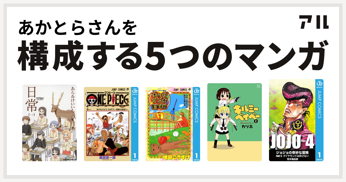 あかとらさんを構成するマンガは日常 One Piece 増田こうすけ劇場 ギャグマンガ日和 キルミーベイベー ジョジョの奇妙な冒険 第4部 私を構成する5つのマンガ アル