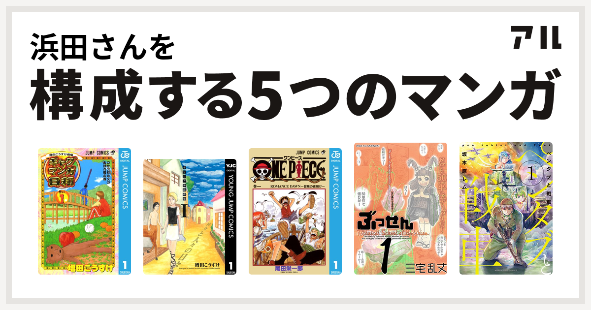 浜田さんを構成するマンガは増田こうすけ劇場 ギャグマンガ日和 ギリシャ神話劇場 神々と人々の日々 One Piece ぶっせん ペンタブと戦車 私を構成する5つのマンガ アル