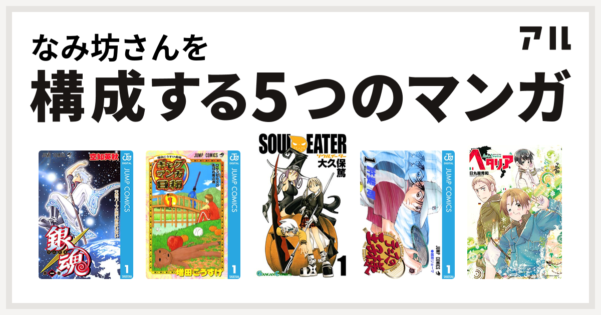 なみ坊さんを構成するマンガは銀魂 増田こうすけ劇場 ギャグマンガ日和 ソウルイーター テニスの王子様 ヘタリア 私を構成する5つのマンガ アル