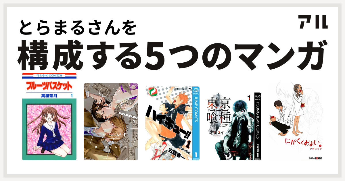 とらまるさんを構成するマンガはフルーツバスケット プロミス シンデレラ ハイキュー 東京喰種トーキョーグール にがくてあまい 私を構成する5つのマンガ アル