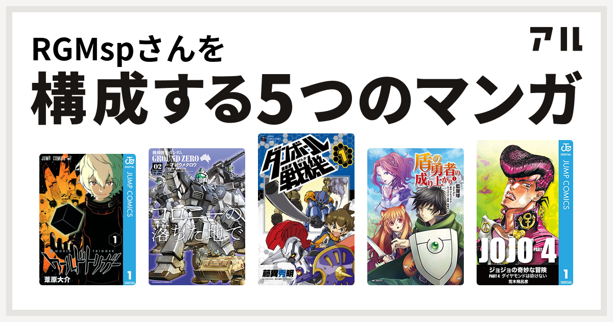 Rgmspさんを構成するマンガはワールドトリガー 機動戦士ガンダム Ground Zero コロニーの落ちた地で ダンボール戦機 盾の勇者の成り上がり ジョジョの奇妙な冒険 第4部 私を構成する5つのマンガ アル