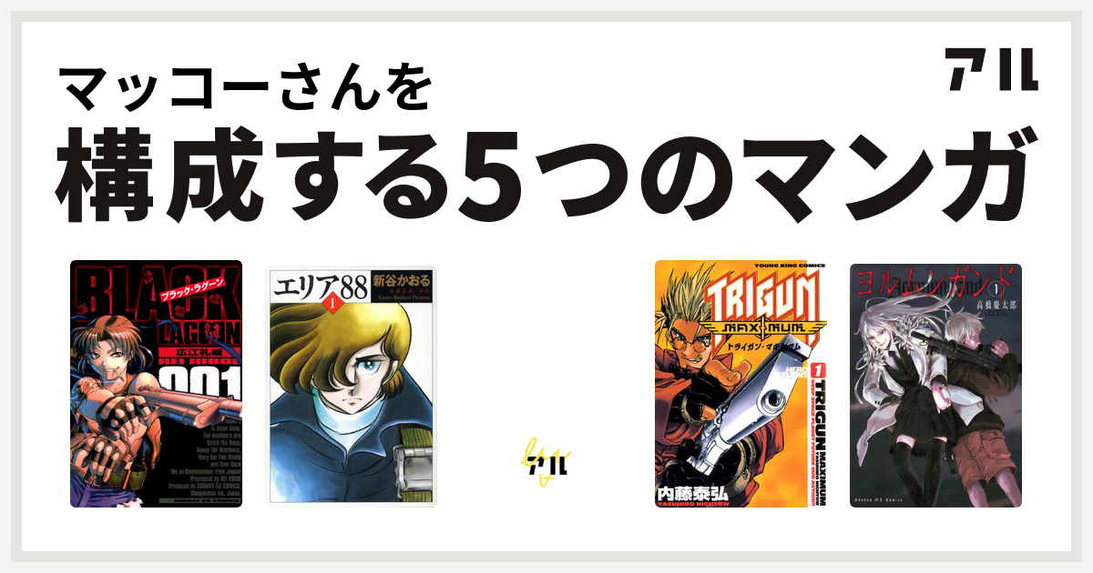 マッコーさんを構成するマンガはブラック ラグーン エリア ベル スタア強盗団 トライガン マキシマム ヨルムンガンド 私を構成する5つのマンガ アル