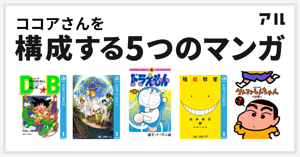 ココアさんを構成するマンガはドラゴンボール 約束のネバーランド ドラえもん 暗殺教室 クレヨンしんちゃん 私を構成する5つのマンガ アル